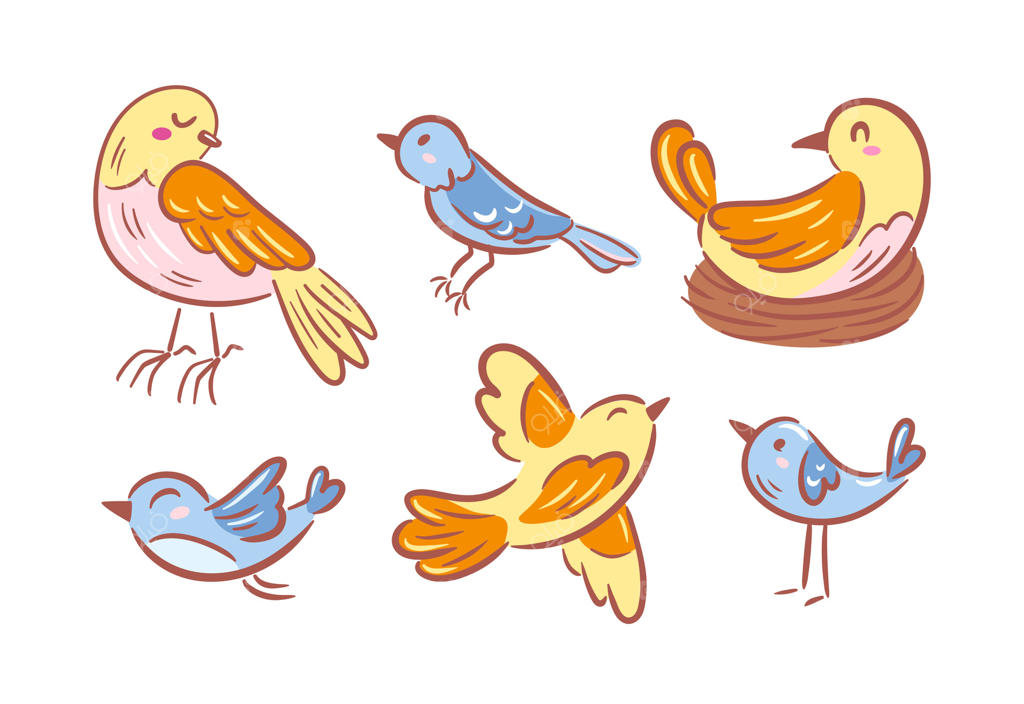 مجموعه طرح‌های جذاب و دستی از پرندگان در حال پرواز و نشسته در آشیانه‌ای دنج؛ تصویرسازی دلنشینی که حس طبیعت، گرما و صمیمیت را به زیبایی به نمایش می‌گذارد.