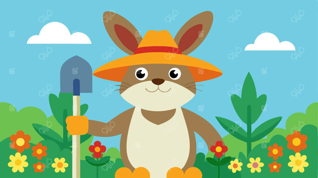 باغبانی خرگوش یک خرگوش شاداب در باغ زانو زده، کلاه حصیری بزرگی به سر دارد و دستکش‌های باغبانی پوشیده است. خرگوش بیلچه‌ای کوچک در دست دارد و با گل‌های رنگارنگ احاطه شده است.