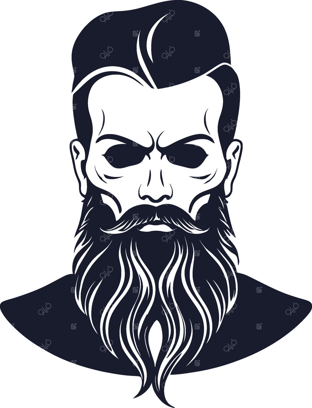 سیلوئت مرد هیپی با ریش و مدل‌موی شیک به‌عنوان لوگوی آرایشگاه مدرن، مراقبت از آقایان و پروفایل سر مد و شخصیت جذاب