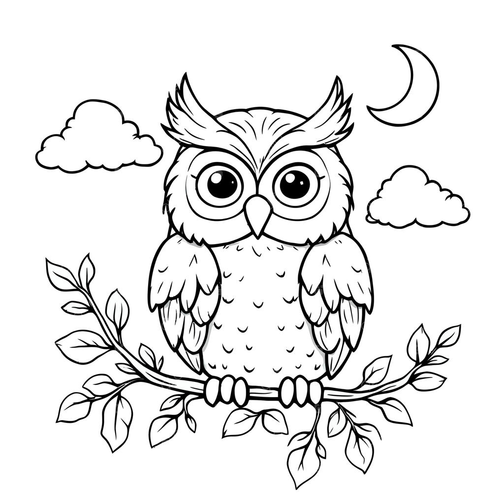 صفحه رنگ‌آمیزی هنر خطی جغد بانمک روی شاخه درخت زیر ماه نو و ابرهای نرم برای بزرگسالان و کودکان