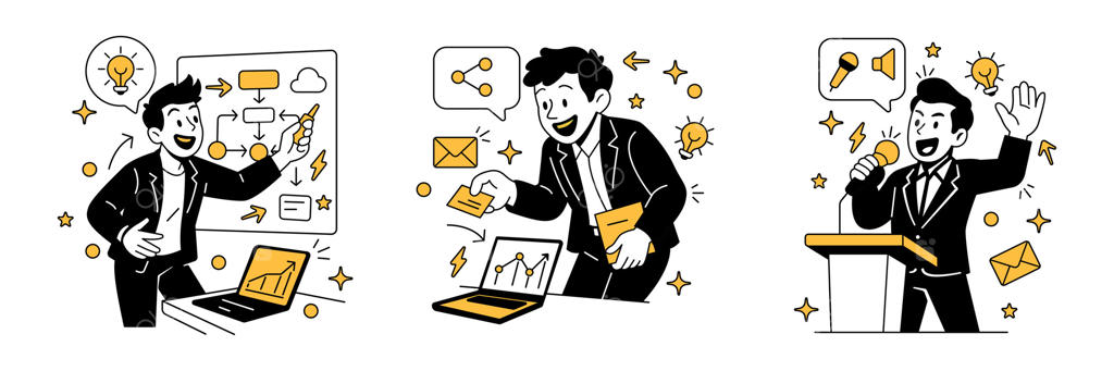 افراد تجاری در حال ارتباط: ایده‌پردازی در کنار وایت‌برد، تبادل کارت ویزیت و سخنرانی در یک محیط مدرن