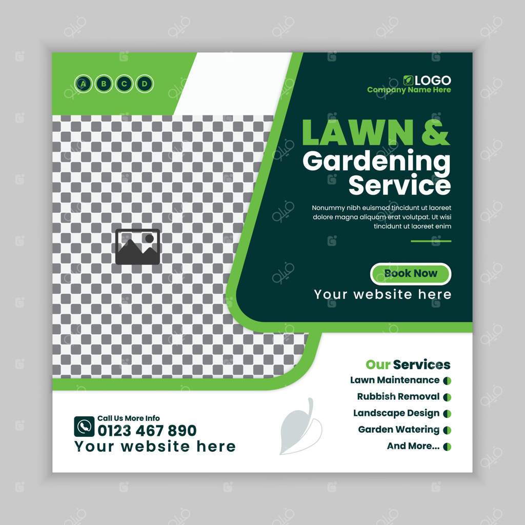 طراحی قالب پست شبکه اجتماعی برای نگهداری خلاقانه باغ و مراقبت از چمن، بنر وب برای خدمات باغبانی با ماشین چمن‌زنی، قالب طراحی پوستر آنلاین برای مفاهیم کشاورزی و زراعت