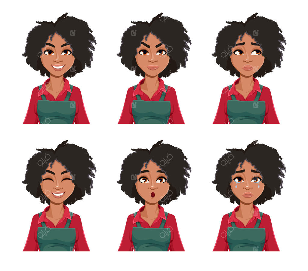 حالت‌های چهره زن زیبای آفریقایی-آمریکایی باغبان