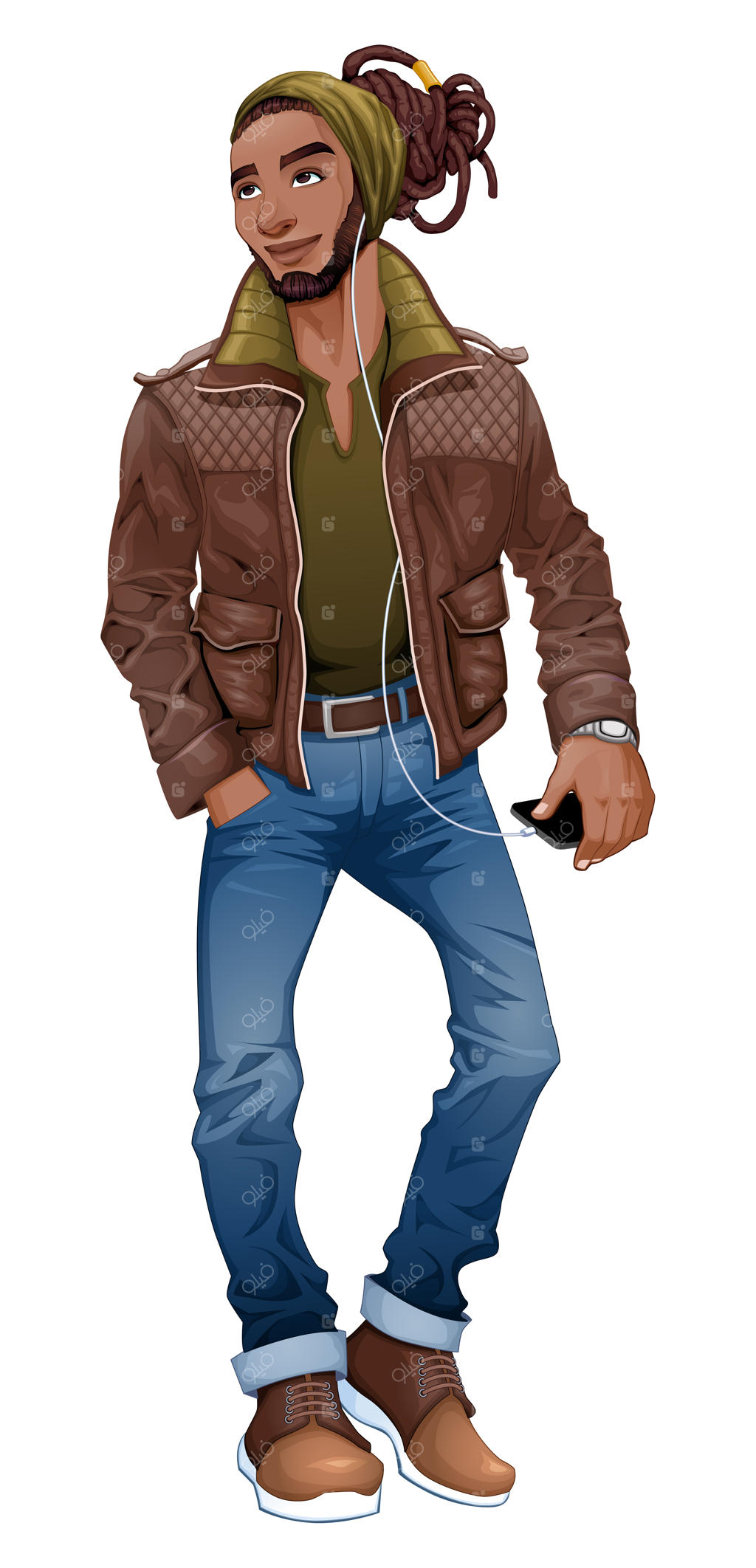 پسر شیک‌پوش در حال گوش‌دادن به موسیقی با هدفون