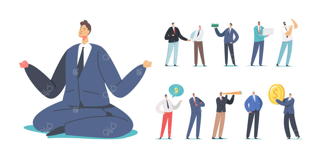 مجموعه‌ای از شخصیت‌های بازرگانان: دست دادن، نشان دادن عضلات و صحبت درباره پول