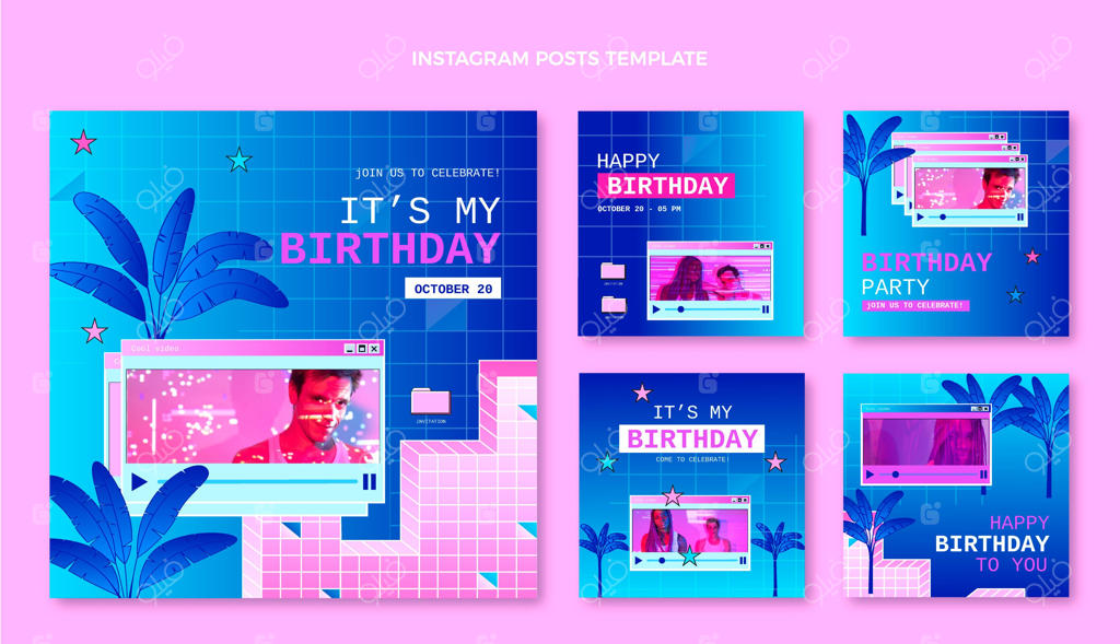 پست اینستاگرام تولد به سبک رترو و ویپرواو با گرادیان رنگ‌ها