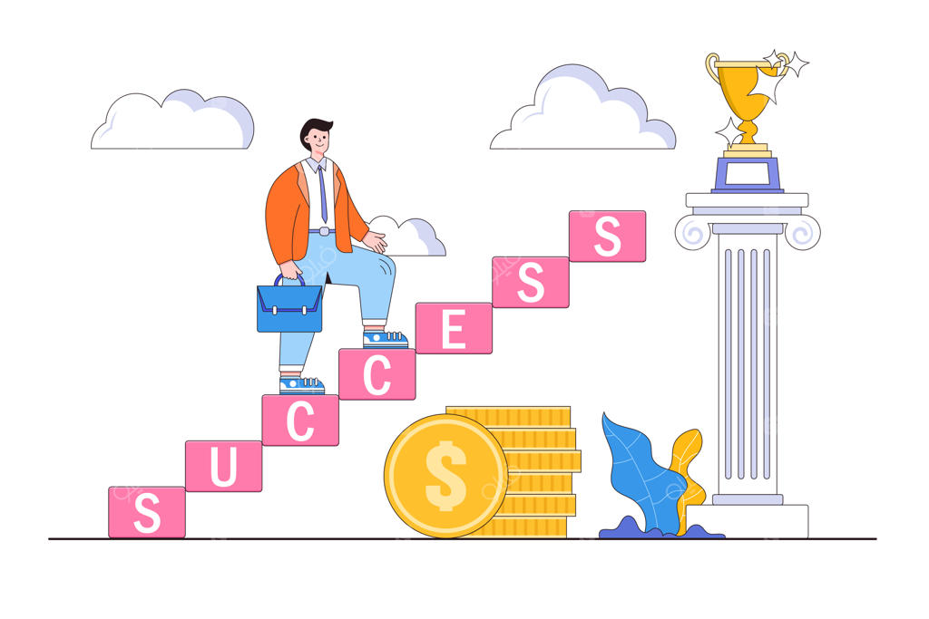 توسعه مسیر شغلی یا ایجاد راهی برای دستیابی به هدف - ایده‌های کارآفرینی برای برنامه‌ریزی و حرکت در مسیر شخصی. تاجر با اعتماد به نفس در حال پیمودن پله‌های موفقیت.