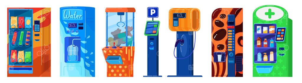 دستگاه فروش خودکار روی پس‌زمینه سفید، پارکینگ، تنقلات و آب، پمپ‌بنزین و اسباب‌بازی‌ها، تصویرسازی