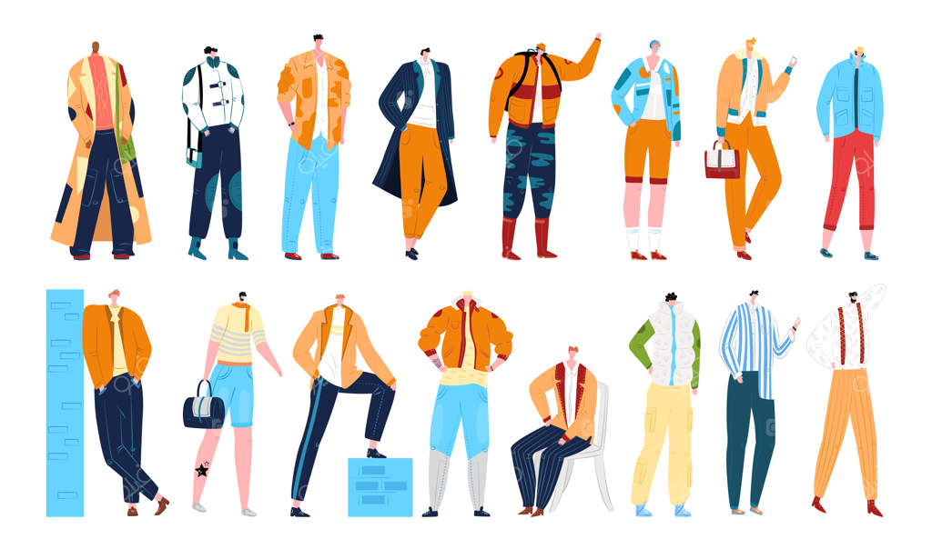 سبک‌های مد مردانه، مدل‌های شیک مردانه در لباس، مجموعه‌ای از تصاویر. شخصیت‌های مردانه کارتونی و خوش‌تیپ. مدگرایان مرد در لباس‌های شیک.