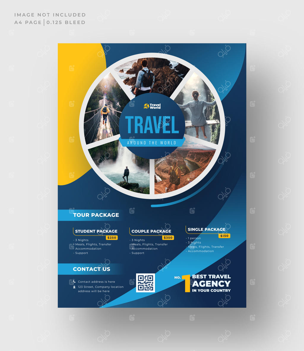 طرح لایه باز بروشور و تراکت گردشگری، قالب آماده تراکت سفر و تعطیلات برای آژانس مسافرتی