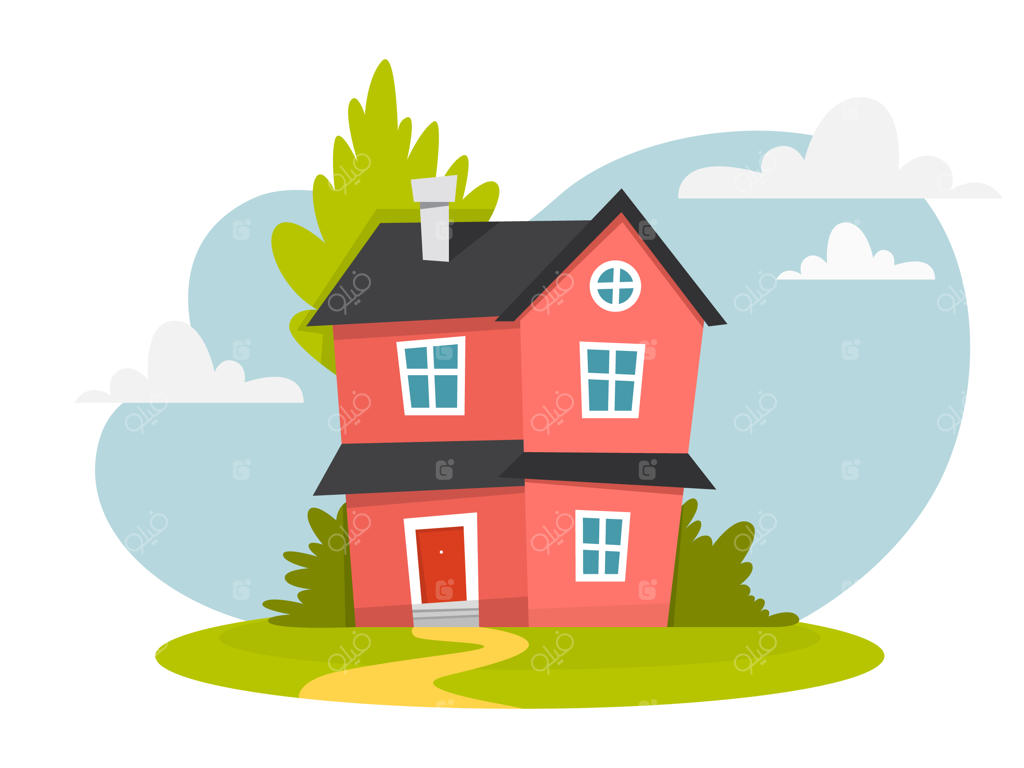 خانه قرمز با سقف تیره و درختانی در اطراف