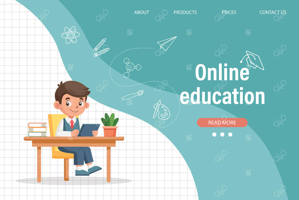 آموزش آنلاین کودکان؛ دانش‌آموز پسر بامزه در حال مطالعه پشت میز. تصویرسازی، قالب صفحه فرود. وکتور.