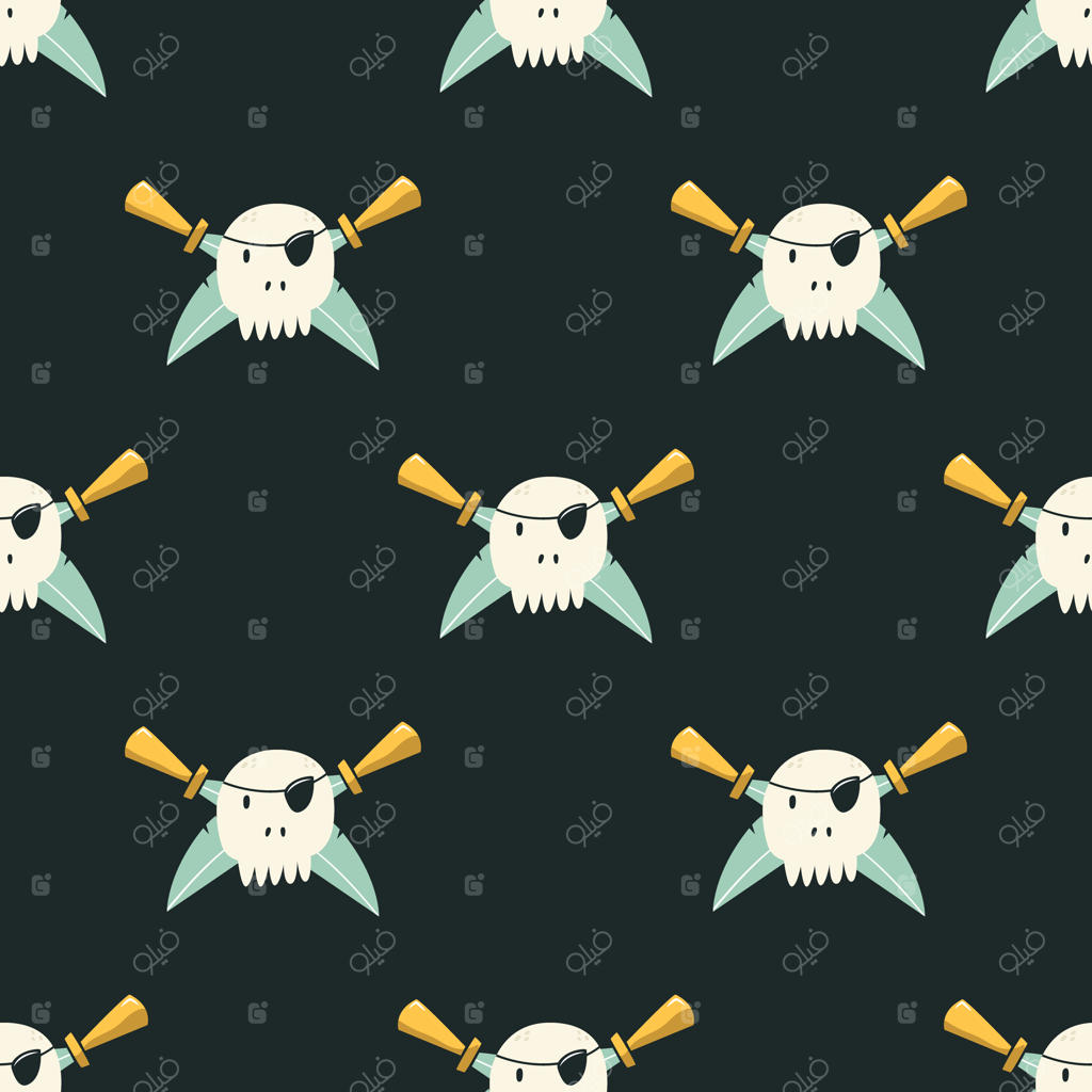 طرح بدون درز وکتور با نمادهای دزدان دریایی و جمجمه و شمشیرها.