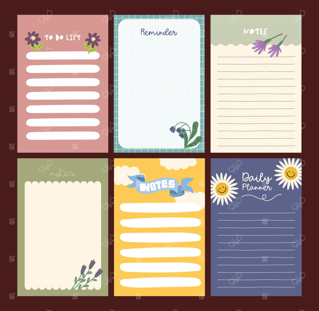 مجموعه‌ای از عناصر زیبا و رنگارنگ برای دفترچه‌نویسی با یادداشت‌ها، برچسب‌ها و لیبل‌های مناسب برای اسکرپ‌بوکینگ، برنامه‌ریزی و لوازم‌التحریر دکوری برای پروژه‌های خلاق DIY