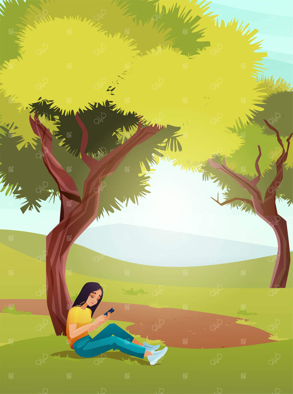 دختری زیر درخت نشسته، با تلفن همراه پیام میفرستد و مطالعه میکند. در منظرهٔ طبیعی