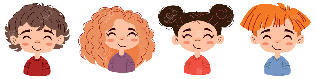 بچه‌های بانمک و خوشحال با پس‌زمینه سفید. پسرها و دخترهایی با رنگ موهای متفاوت. بازگشت به مدرسه به سبک انیمه مد روز. چاپ تی‌شرت برای کودکان.