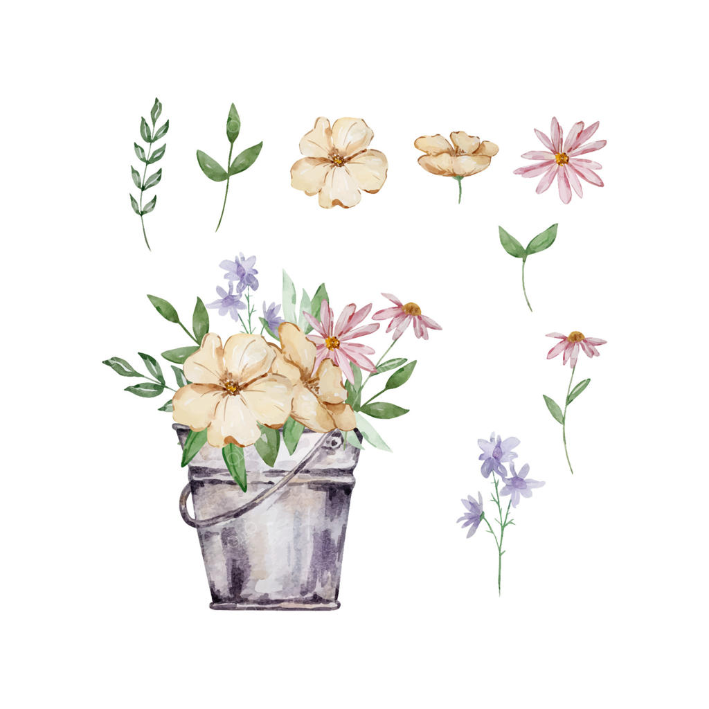 سطل آبرنگ با گل‌های باغچه‌ای