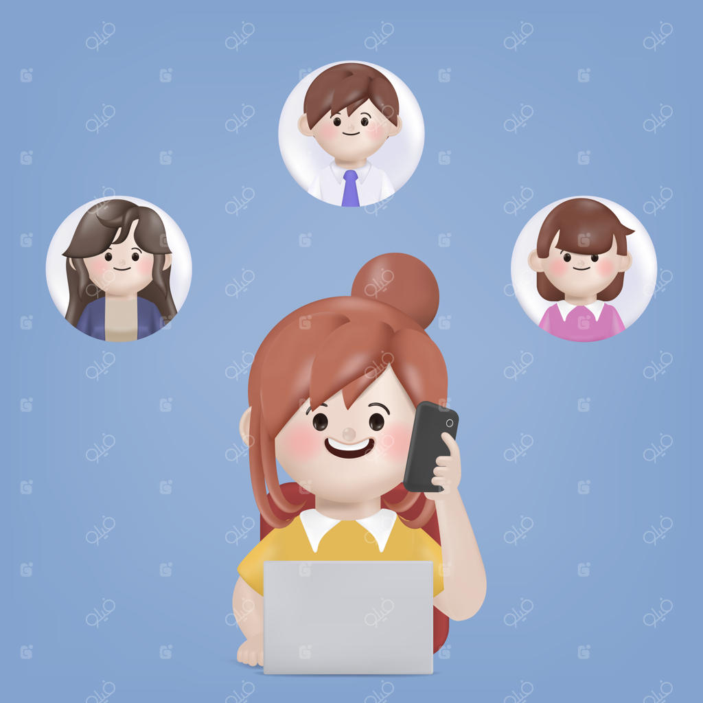 کارتون سه‌بعدی از زن تاجر در حال همکاری با همکار و کنفرانس آنلاین