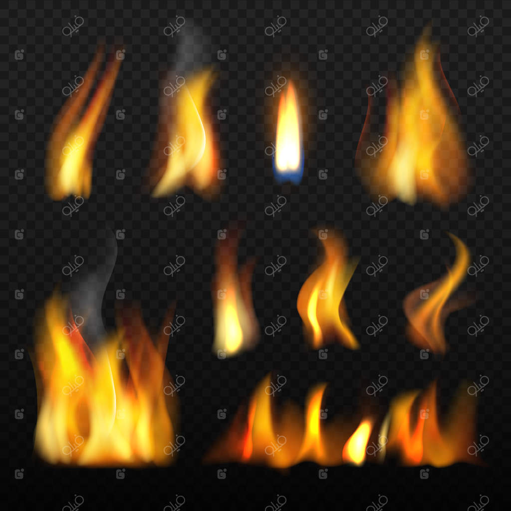 کلکسیون شعله‌های آتش واقعی: زبان‌های قرمز و نارنجی در زمینه شفاف سه‌بعدی