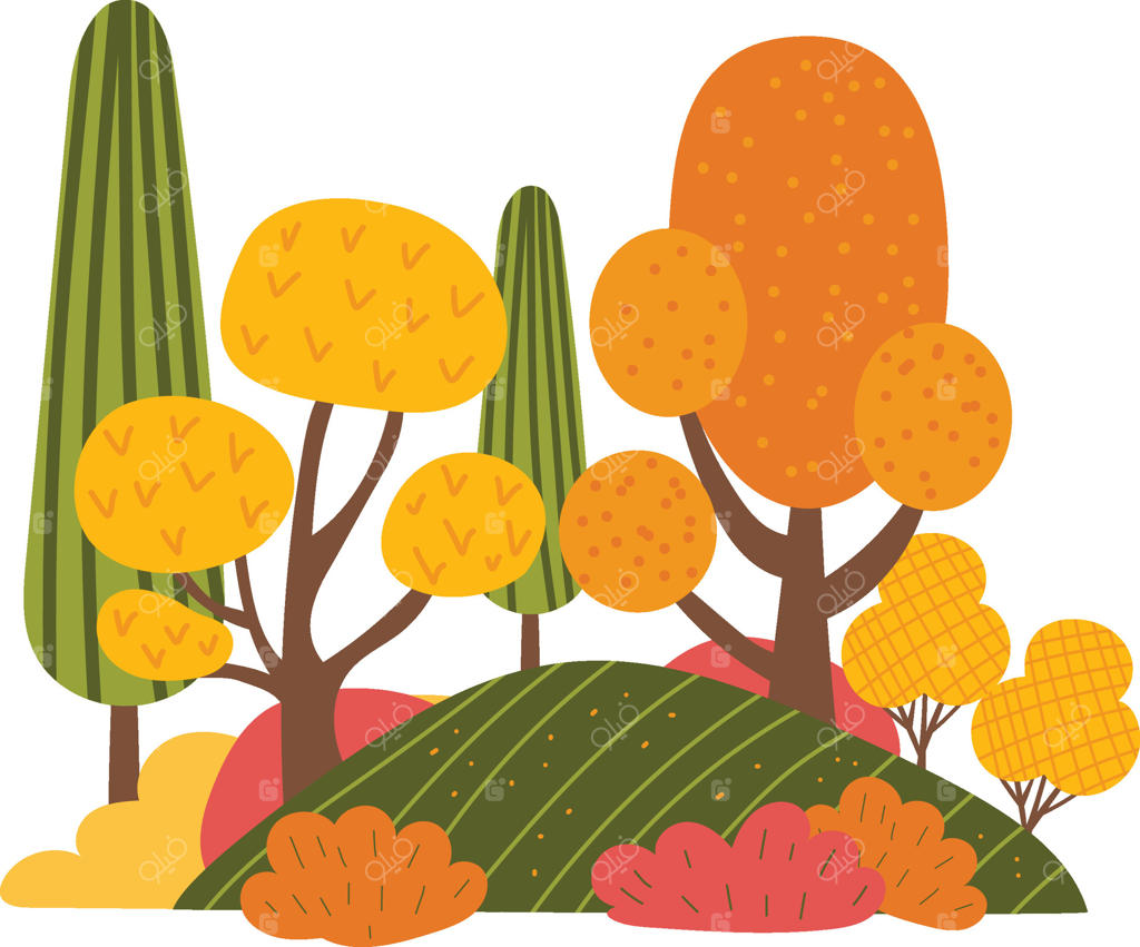 منظره پاییزی با درختان و بوته‌های رنگارنگ. صحنه جنگل در پاییز با برگ‌های زرد، نارنجی و سبز. تصویرسازی طبیعت فصلی برای پوسترها، کارت‌ها، الگوها و تزئینات.