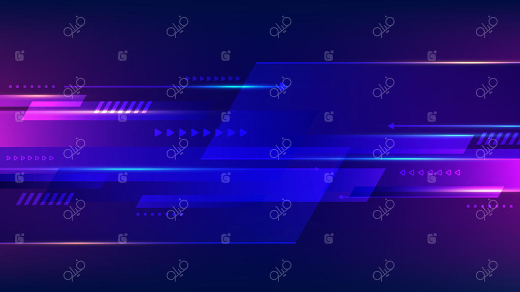 فناوری انتزاعی: پس‌زمینه متحرک با رنگ‌های نئونی آبی و صورتی و اشکال پیکان هندسی آینده‌نگر