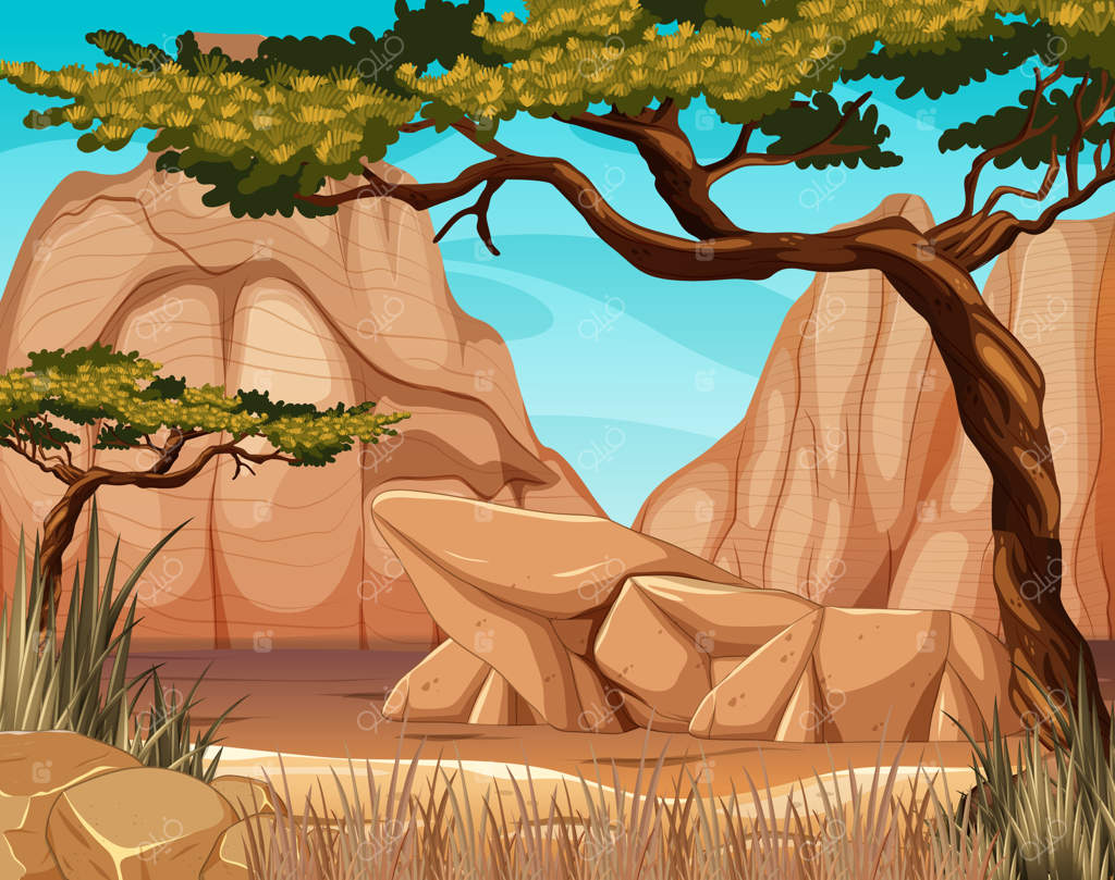 چشم‌انداز جنگل ساوانا خالی با کوه‌های سنگی