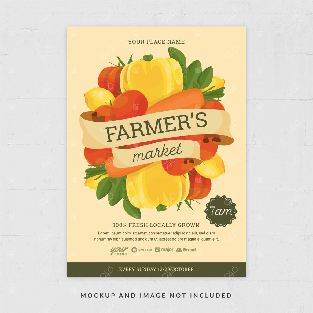 قالب تراکت بازار کشاورزان با طراحی وکتور برای برداشت میوه و سبزیجات تازه (نسخه ۳)