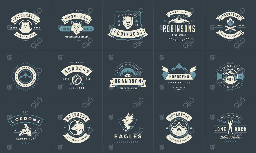 مجموعه قالب‌ها و عناصر طراحی آرم و نشان‌های کمپینگ و سیلوئت‌ها