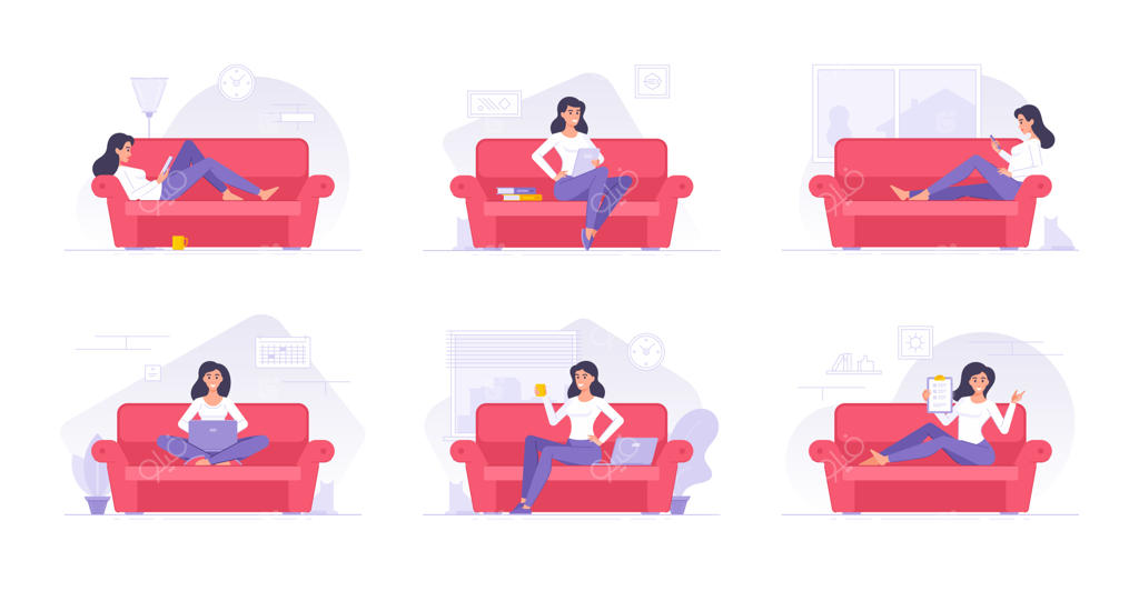 شخصیت زن کارتونی در حال سپری کردن وقت در خانه - تصاویر تخت