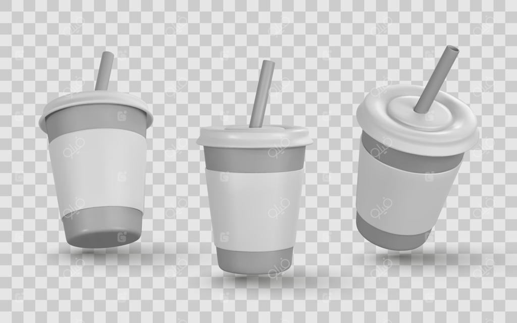 لیوان‌های قهوه یکبارمصرف سه‌بعدی واقعی با درپوش و نی معلق. ایده‌آل برای طراحی برند و بسته‌بندی. تصویرسازی