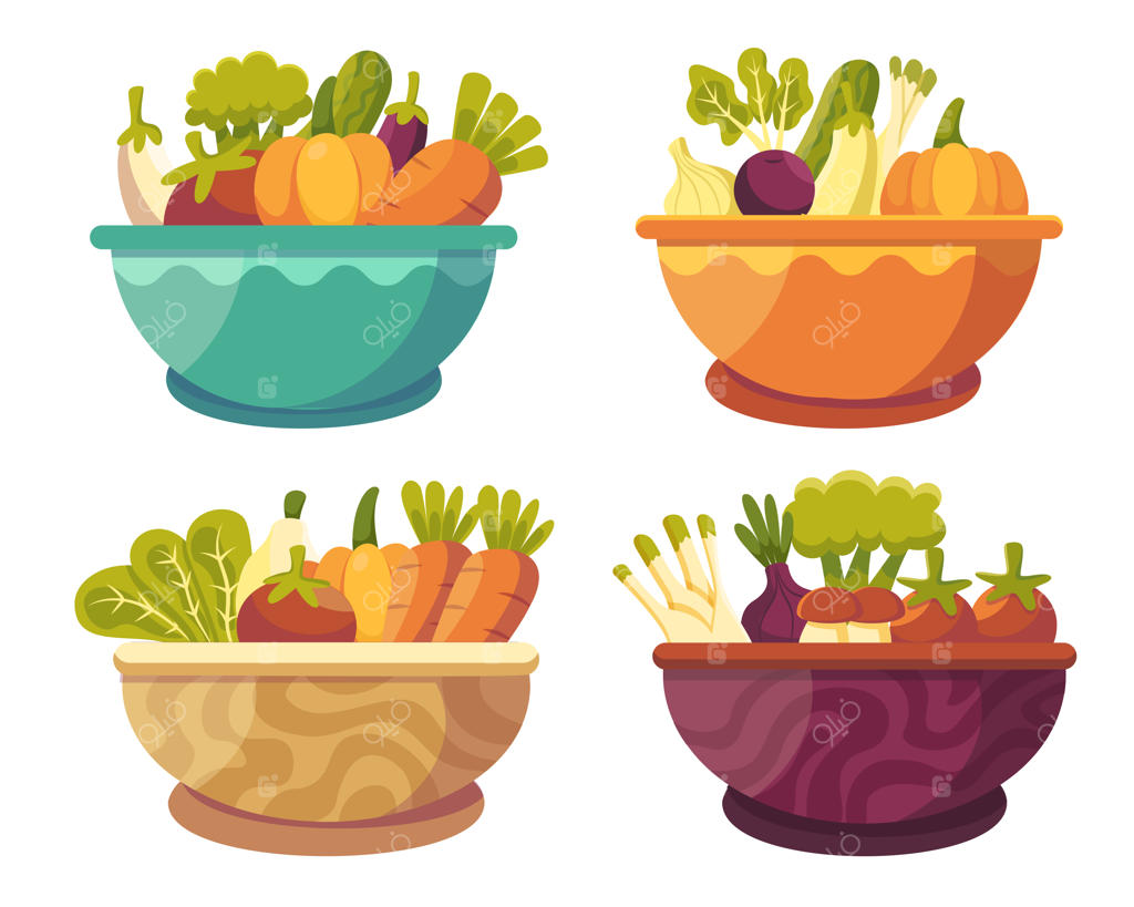 مجموعه‌ای از سبزیجات در کاسه شامل گوجه‌فرنگی، بادمجان، سیر، خیار، کلم‌پیچ، پیاز، فلفل، نخود سبز و هویج به سبک نقاشی وکتور