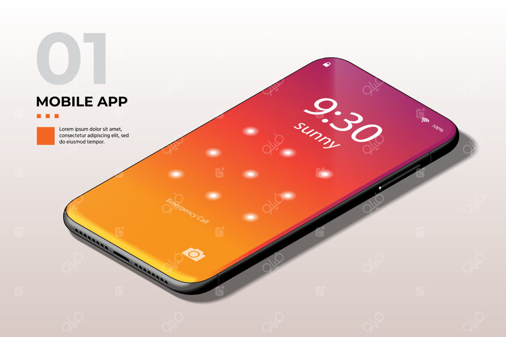 گوشی موبایل مدرن با قالب UI، UX و GUI صفحه قفل.