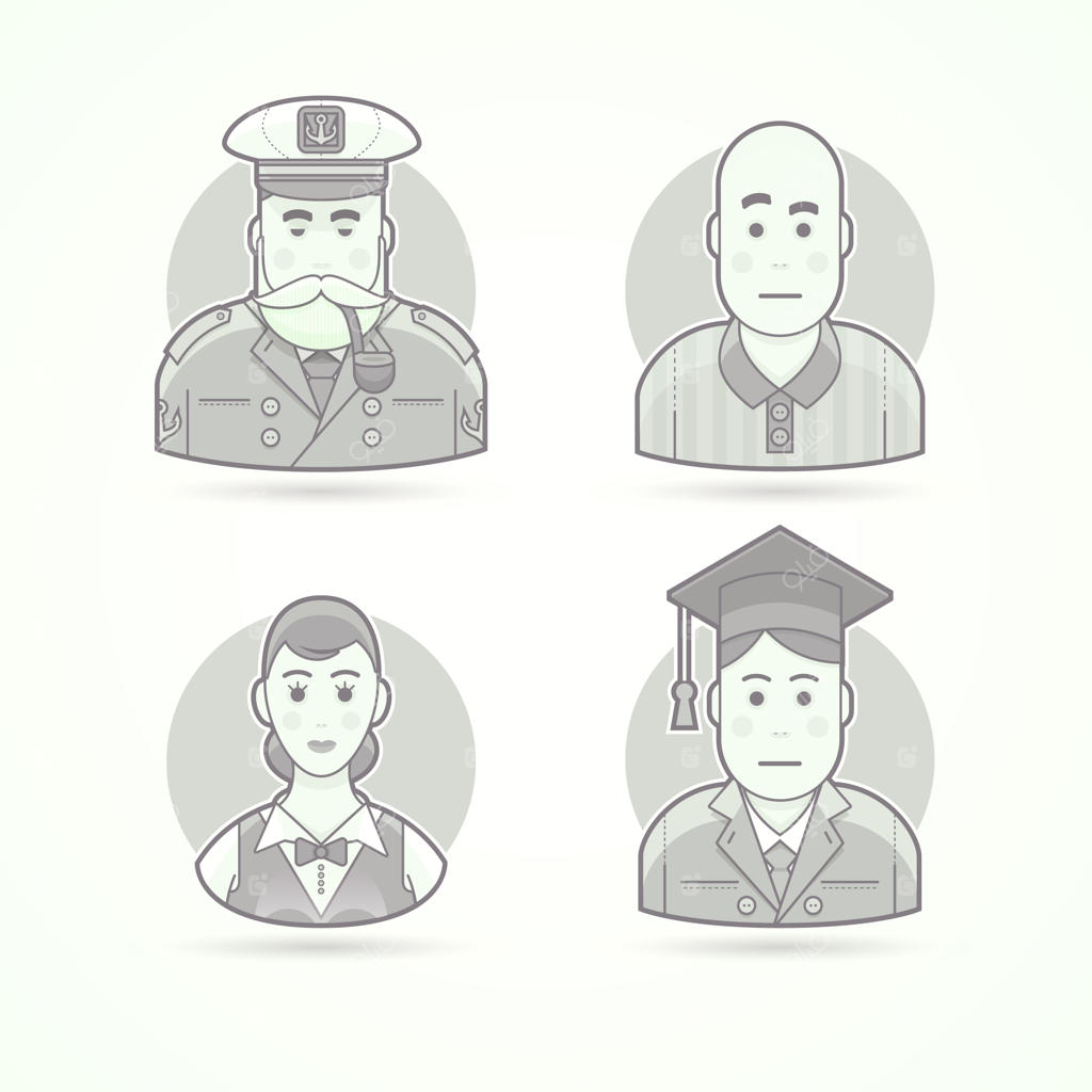 ملوان، دریانورد، داور فوتبال، پیشخدمت، مرد فارغ‌التحصیل. مجموعه‌ای از شخصیت‌ها و تصاویر آواتار و افراد. سبک خطی سیاه و سفید.