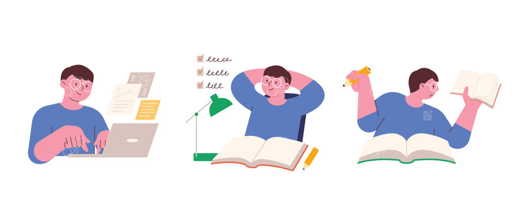 تصویرسازی آموزش و رشد فردی: دانشجویی که با تلاش و پشتکار از طریق کامپیوتر و کتاب‌ها مشغول به مطالعه است.