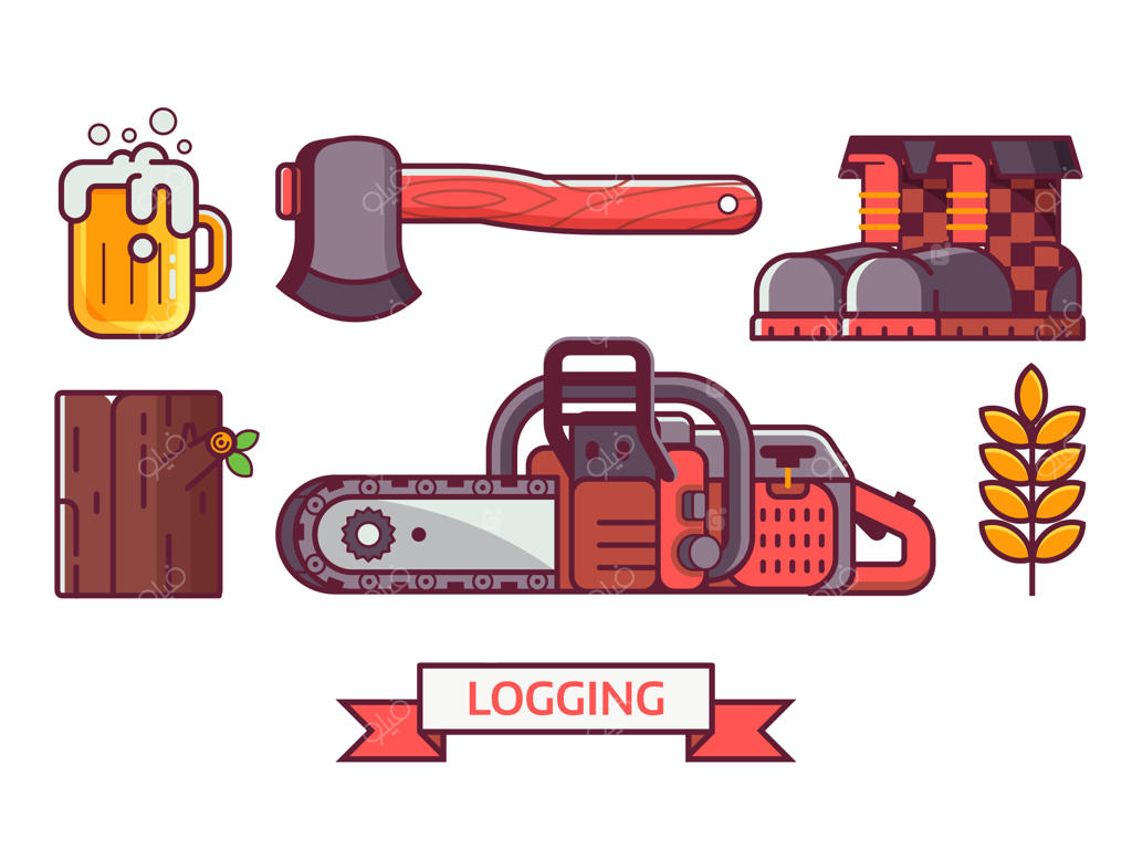 مجموعه آیکون های جنگلداری و جراحی درخت با تجهیزات و لوازم زندگی چوب‌بری: اره‌برقی، چکمه‌های چوب‌بر، کنده و تبر، آیکون‌ها و عناصر مرتبط با اره‌داری یا قطع درختان در طراحی تخت
