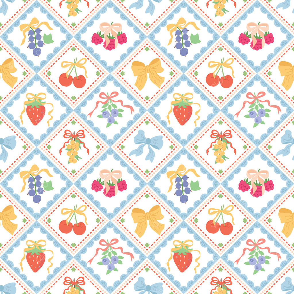 طرح یکپارچه توت و میوه‌های تابستانی. کاغذ دیواری شیک با نوارها و پاپیون‌های دست‌ساز. تصویرسازی باغ، زمینه رمانتیک شطرنجی، طراحی پارچه، چهارخانه.