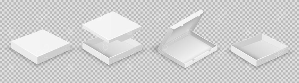 جعبه‌های سفید: مجموعه بسته‌بندی‌های باز. جعبه‌های واقعی وکتوری با درپوش در پس‌زمینه شفاف. تصویر جعبه‌های باز و بسته‌بندی سفید مقوایی برای پیتزا.