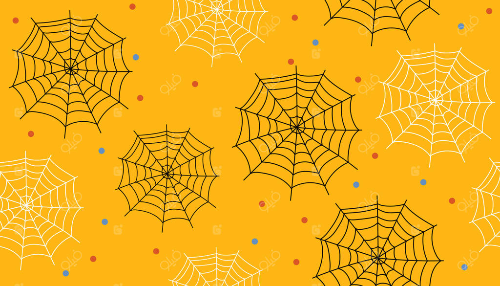طرح یکپارچه هالووین با تار عنکبوت و نقطه‌های ریز بر روی پس‌زمینه زرد.