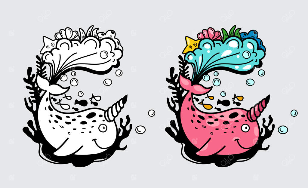 تصویری از ناروال رنگارنگ و سیاه و سفید برای کتاب رنگ آمیزی