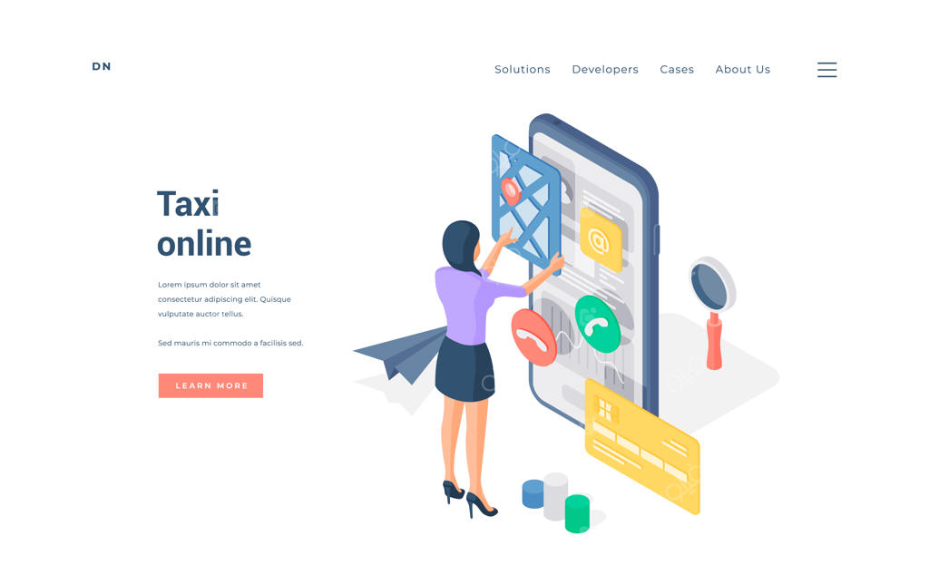 زنی که از طریق اپلیکیشن گوشی تاکسی رزرو می‌کند: استفاده آسان از اپلیکیشن آنلاین برای رزرو تاکسی در بنر تبلیغاتی وب‌سایت