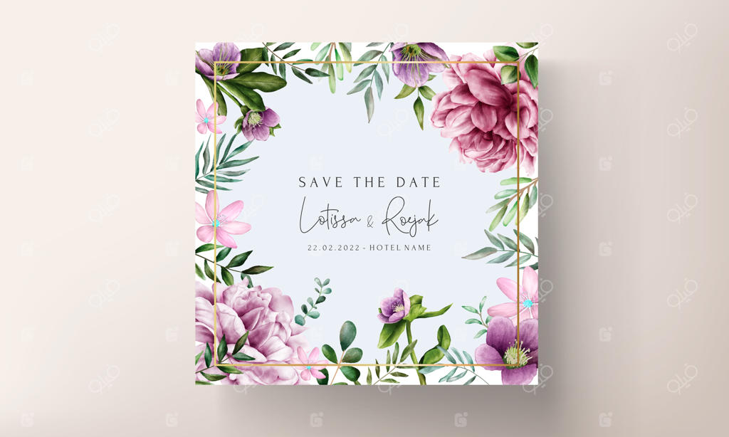 الگوی کارت دعوت عروسی گلدار با طرح آبرنگی بنفش شیک