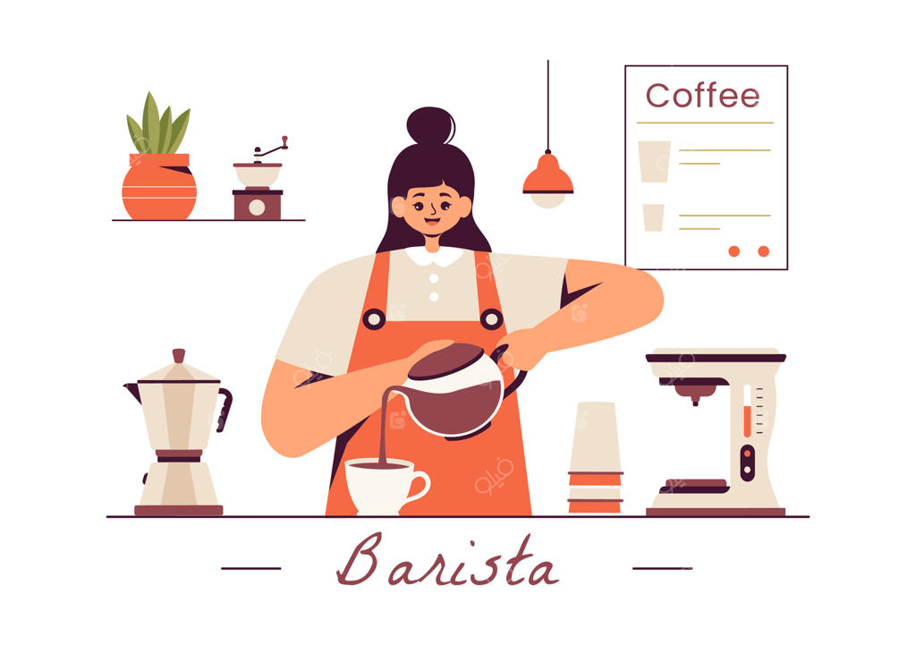 تصویر وکتوری باریستا با پیش‌بند، در حال آماده‌سازی شیر برای مشتری در زمینه کارتونی ساده