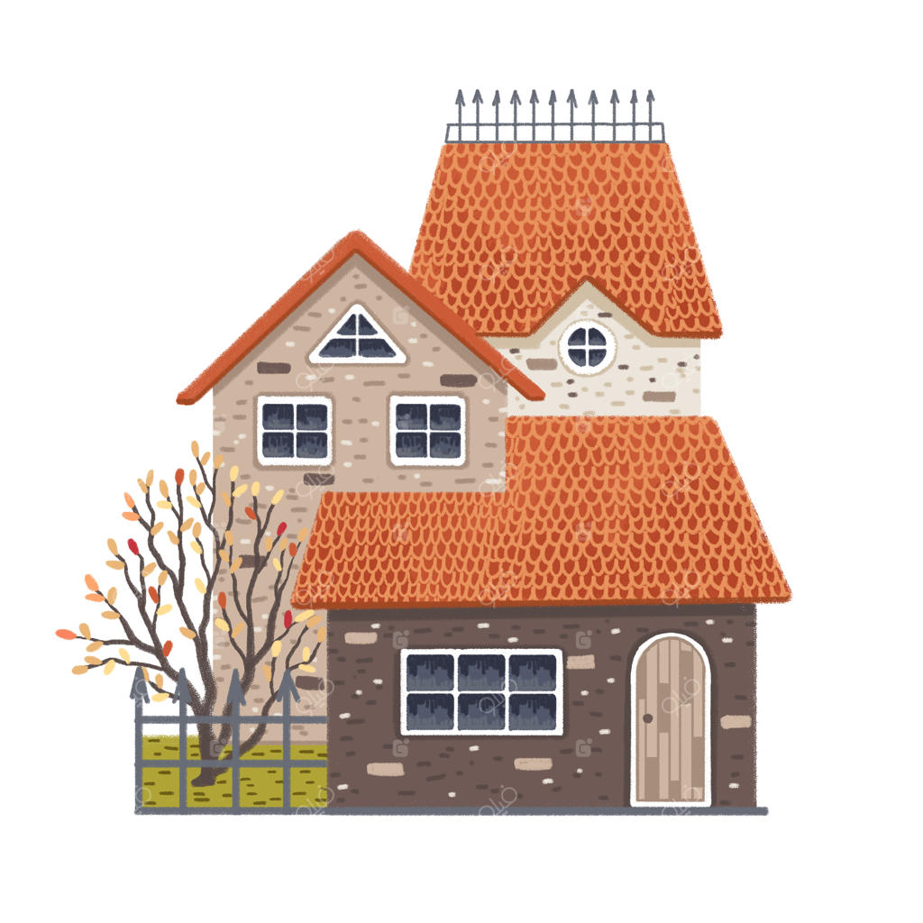 خانه نقاشی شده پاییزی با طبقات مختلف، در کنار درخت و حصار