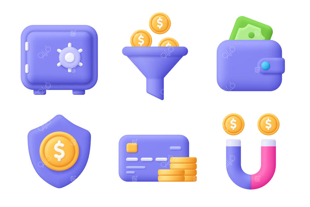 صندوق امن، قیف، کیف پول، سپر، کارت اعتباری، آهنربا، سکه. مجموعه آیکون‌های سه‌بعدی مالی به سبک کارتونی و مینیمالیستی.