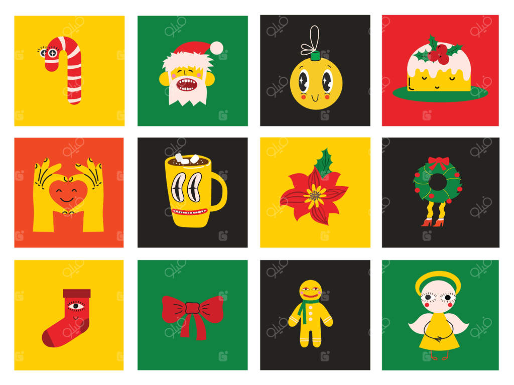 شخصیت‌های کارتونی بامزه و عناصر کریسمس برای کارت‌ها و استیکرها - پترن یکپارچه برای کریسمس و سال نو مبارک ۲۰۲۴ - وکتورهای مدرن برای کاغذدیواری، پارچه و...