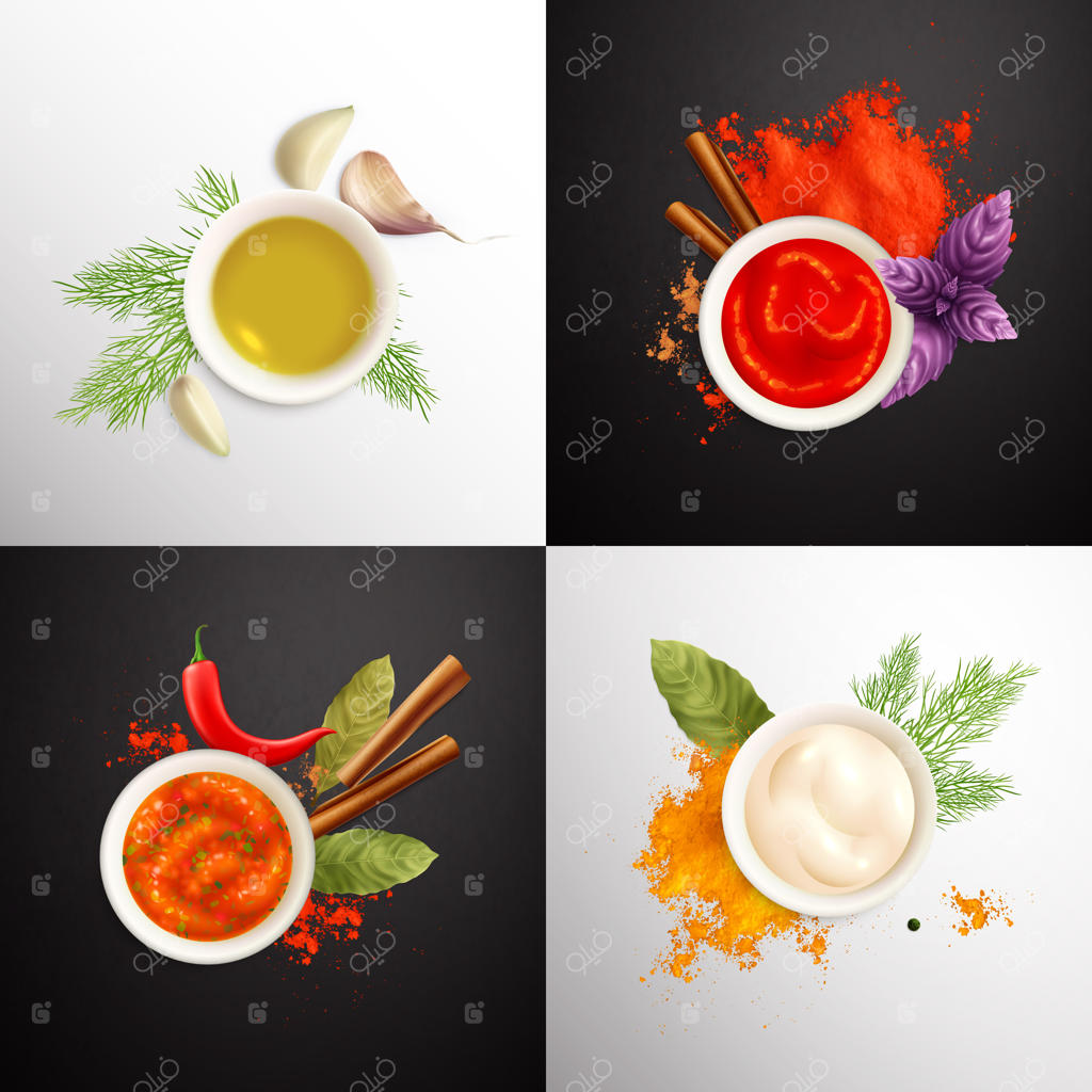 ترکیب ادویه‌ها در لیوان‌ها با خردل، کچاپ و مایونز تزیین شده با سبزیجات به شکل واقعی