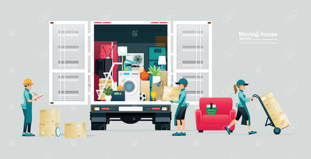 کارگران در حال تخلیه لوازم خانگی از کامیون‌ها هستند.