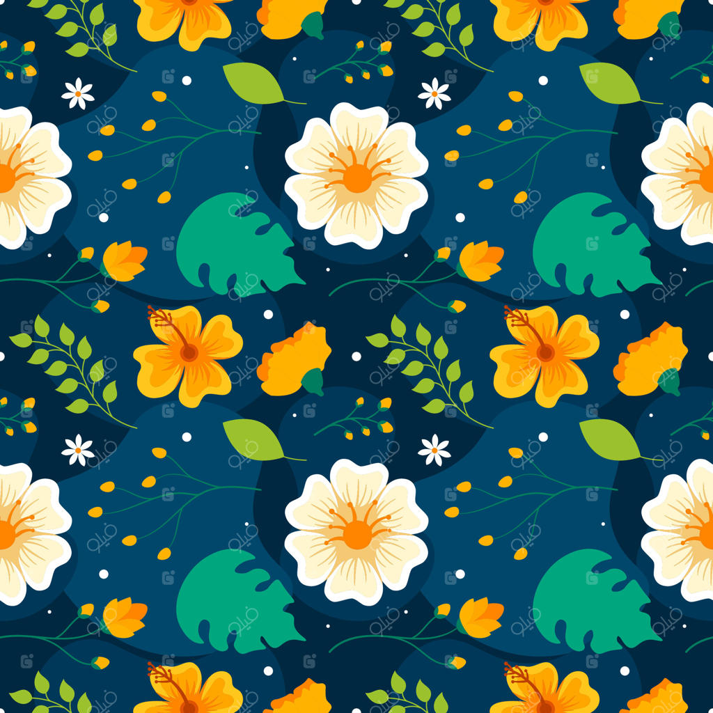 طراحی پترن بدون ‌درز گلدار با شاخه‌های شکوفا و گلبرگ‌های برگ در سبک کارتونی دستی