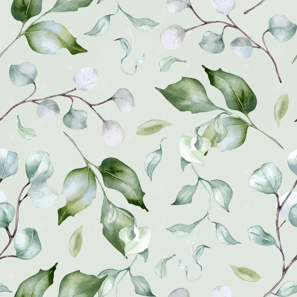 پترن یکپارچه و آبرنگی گیاهان سبز یوکالیپتوس. بافت شاخ و برگ‌های لطیف و دست‌کشی شده در سبز محو. پس‌زمینه یکپارچه برگ‌ بَهوَن برای طراحی پارچه و بسته‌بندی.