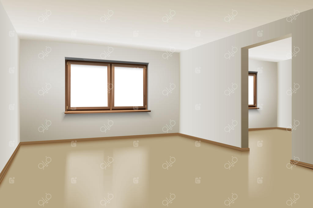 پس‌زمینه واقع‌گرایانه وکتور آپارتمان خالی با پنجره و کف چوبی: دو اتاق خالی در نمای داخلی